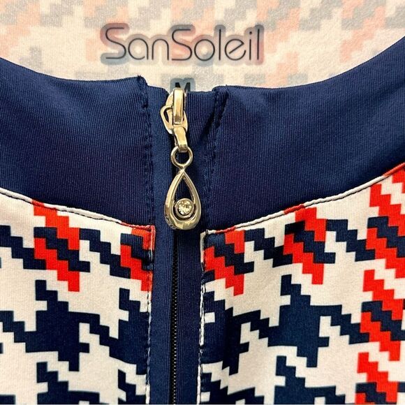 Red and Blue Raglan 3/4 Zip Blouse with Graphic Design - Picture 3 of 14